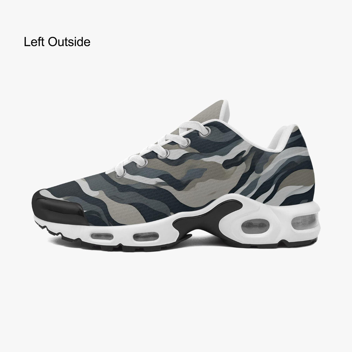 A Nike athletic shoe shown from the side profile against a white background. The shoe features a white midsole, a dark navy and black patterned upper, burgundy laces, and neon yellow accents on the swoosh and outsole.