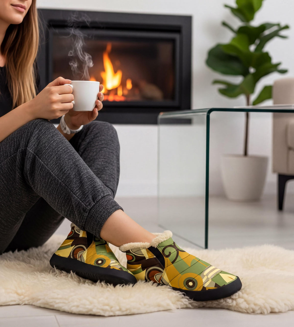 A woman sits on the floor, wearing colorful patterned shoes, holding a cup of coffee and enjoying the warmth of a fireplace in the background.