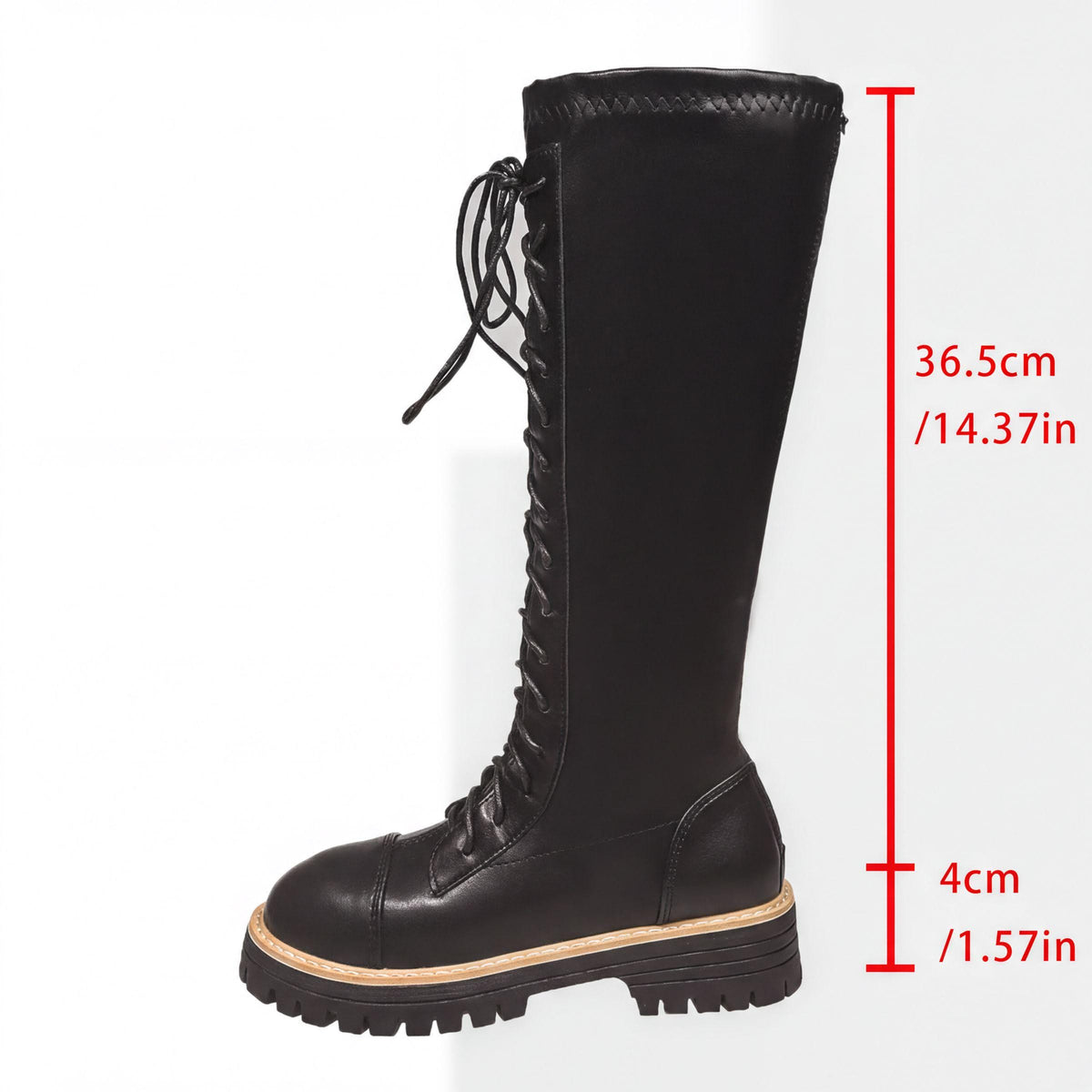 A black leather boot with a lace-up design and a chunky sole, along with measurements indicating the boot's length and width.
