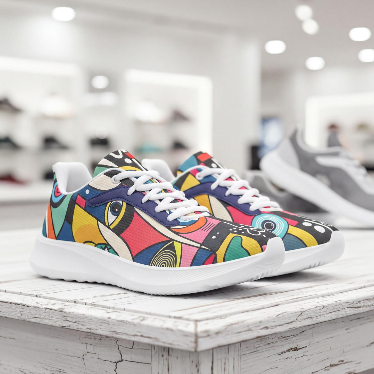 A pair of colorful, abstract-patterned sneakers displayed on a white wooden surface in a store.