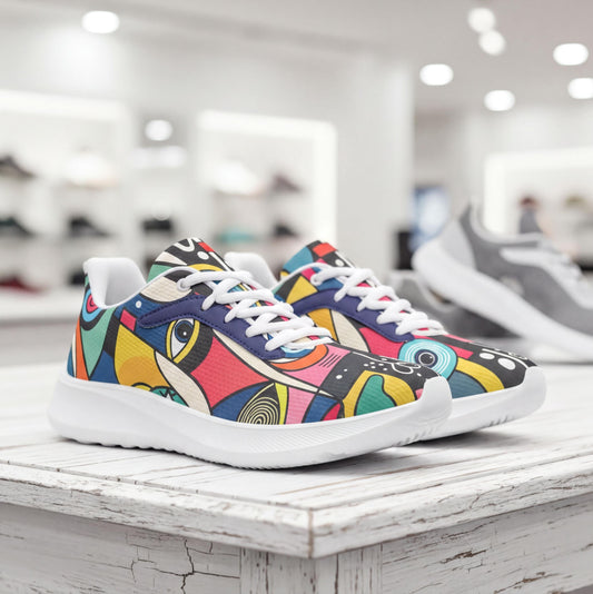 A pair of colorful, abstract-patterned sneakers displayed on a white wooden surface in a store.