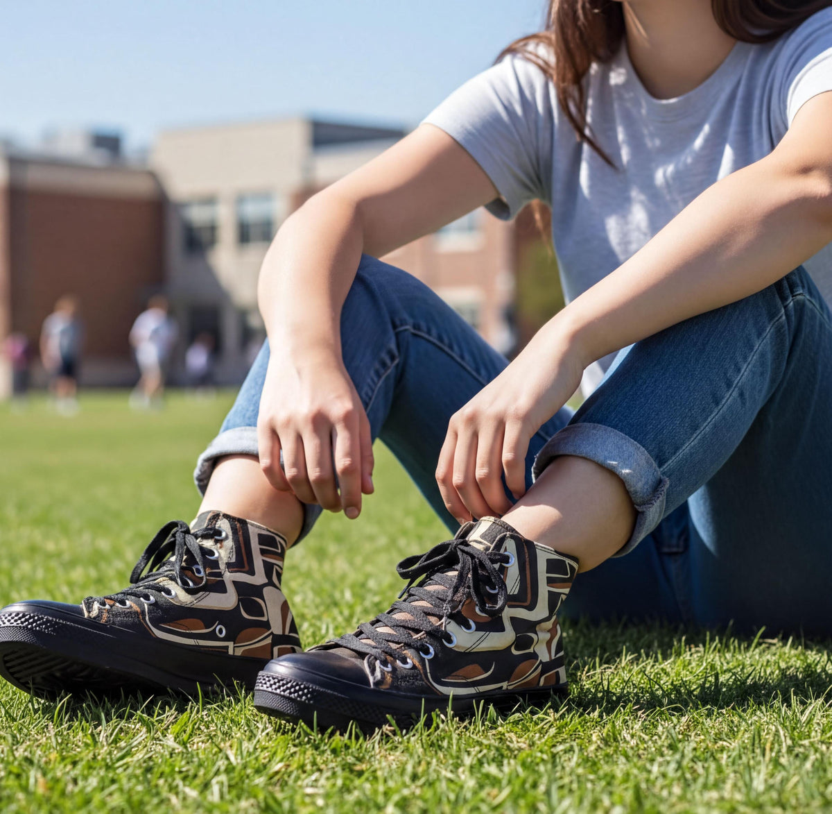 A person sitting on the grass wearing sneakers and jeans.