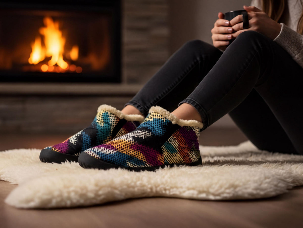 A person sitting on the floor in front of a fireplace, wearing colorful patterned shoes and holding a mug.