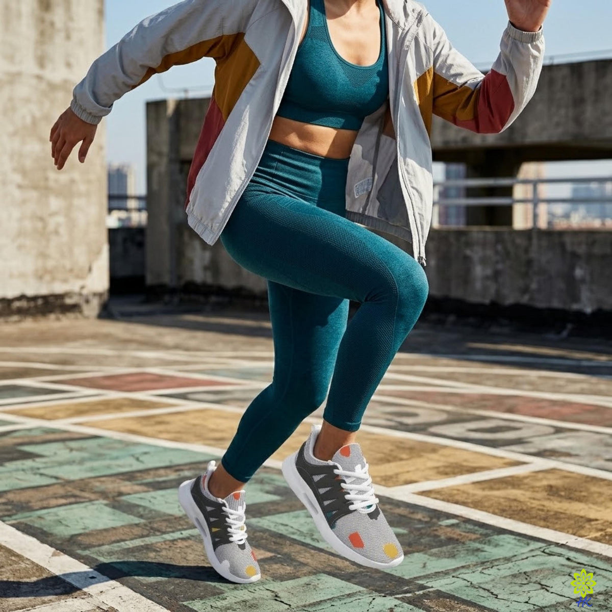 Donna atletica che salta su un tetto con outfit verde acqua e sneakers grigie a righe gessate