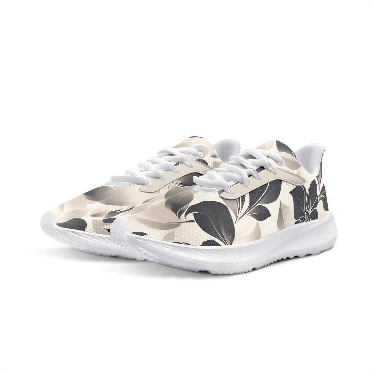 A pair of white sneakers with a floral pattern on the side.