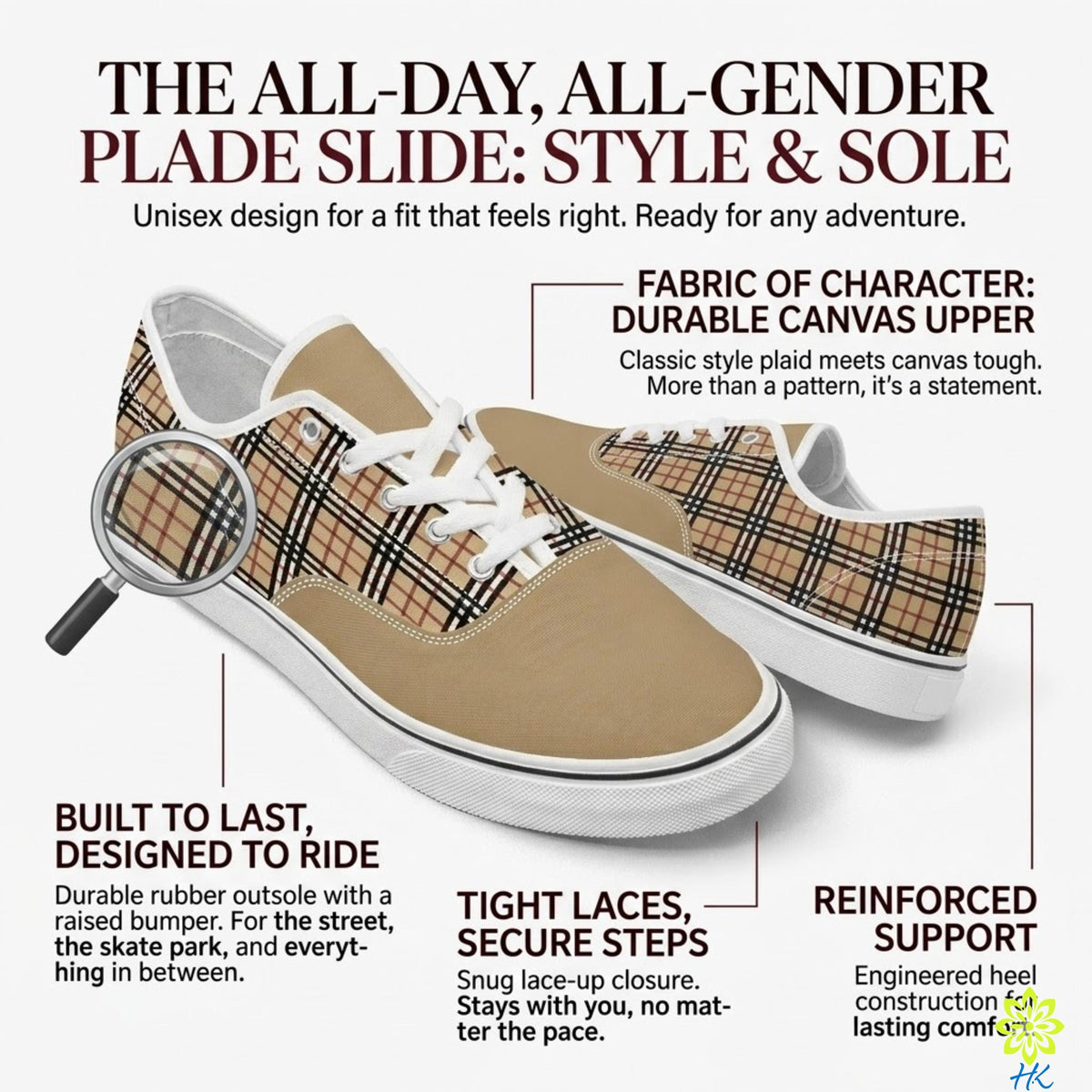 The image is an advertisement for a pair of all-day, all-gender plade slide sneakers. It features a close-up of the shoes with a magnifying glass, highlighting their unique design and features.
