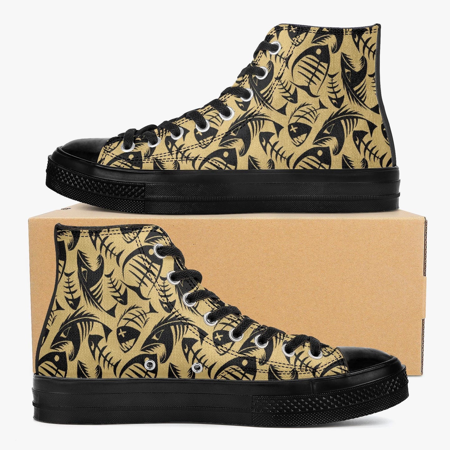 A pair of high-top sneakers with a black and gold fish print pattern on the canvas upper.