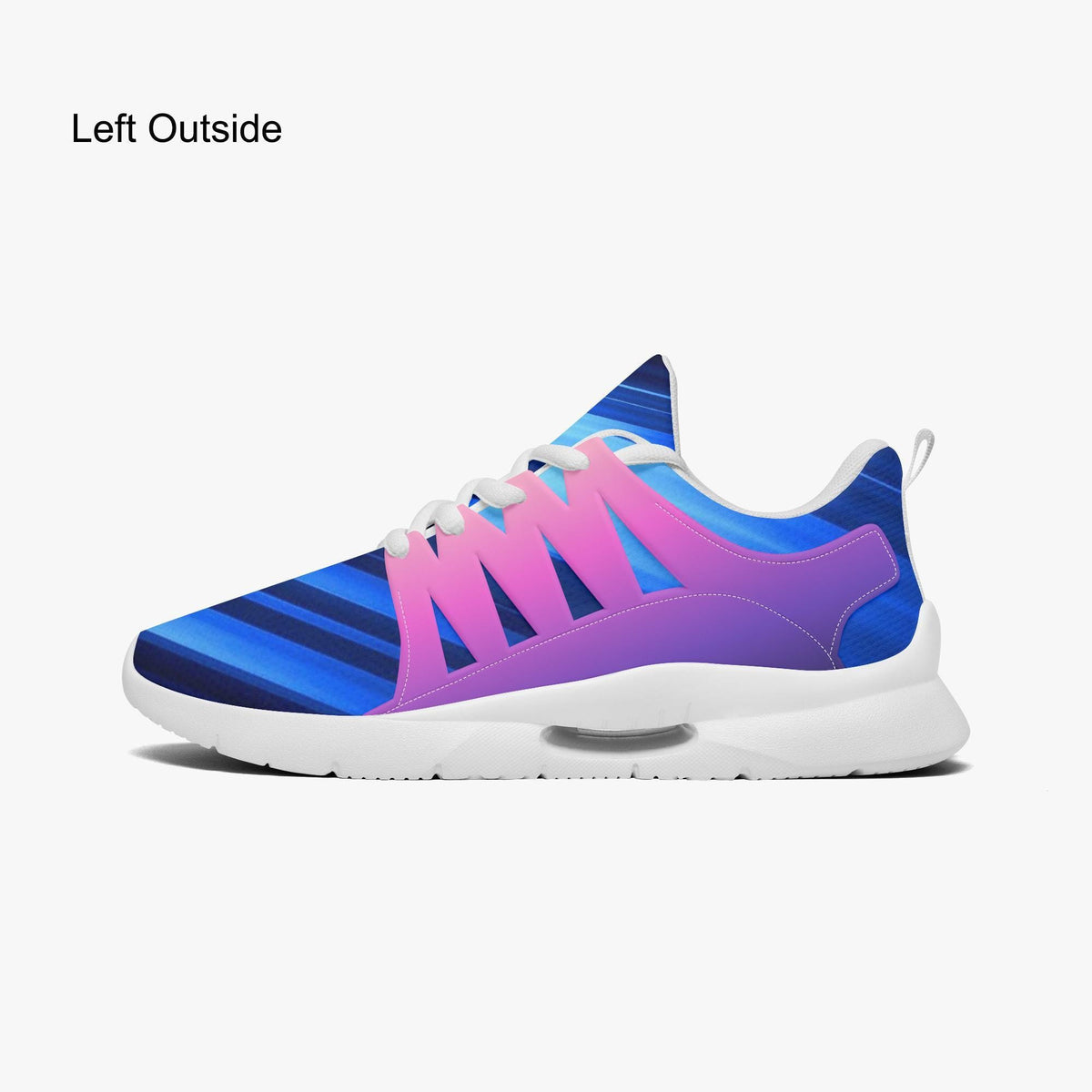 A colorful athletic shoe with a vibrant pattern of blue, pink, and purple stripes.