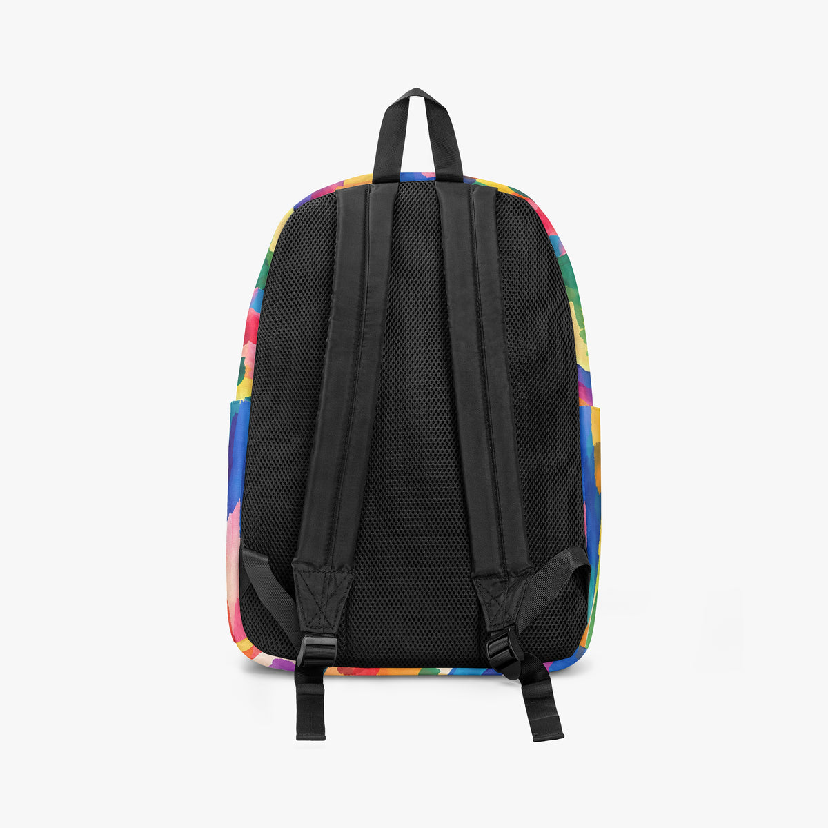 Back view of the backpack showing the mesh back panel and black straps