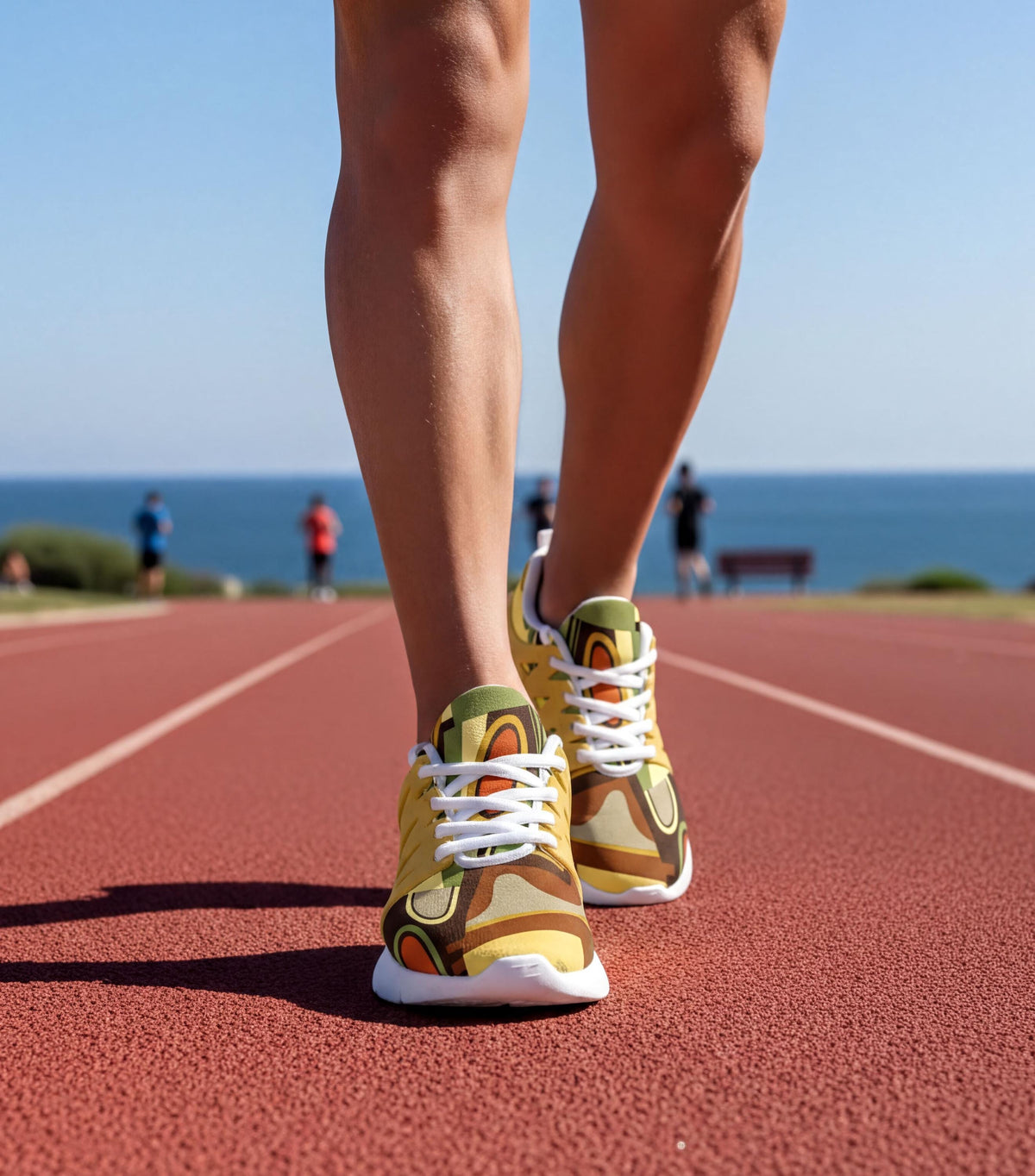 A person wearing yellow and brown patterned running shoes is walking on a red track near the ocean.