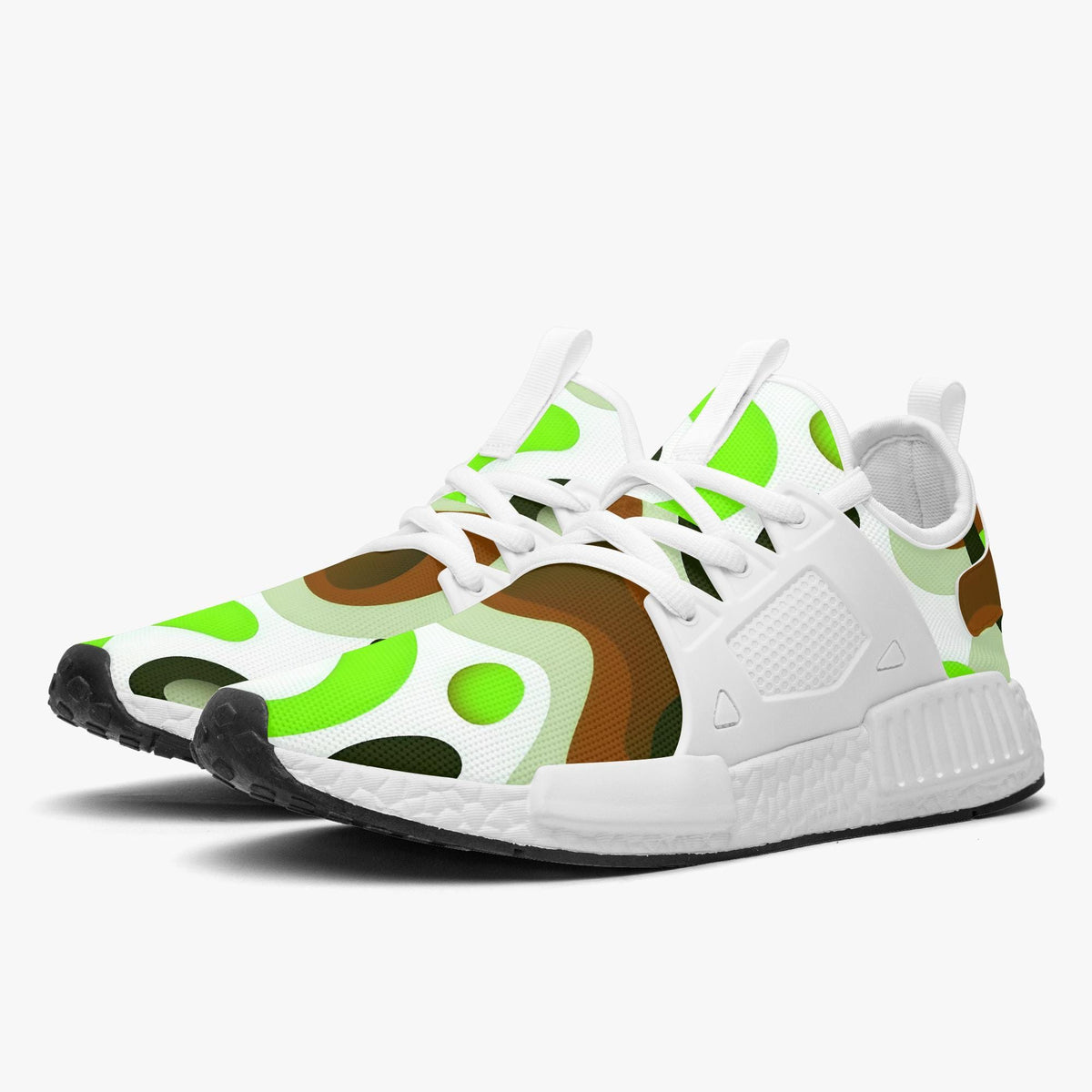 A pair of white sneakers with a colorful, abstract pattern on the side.