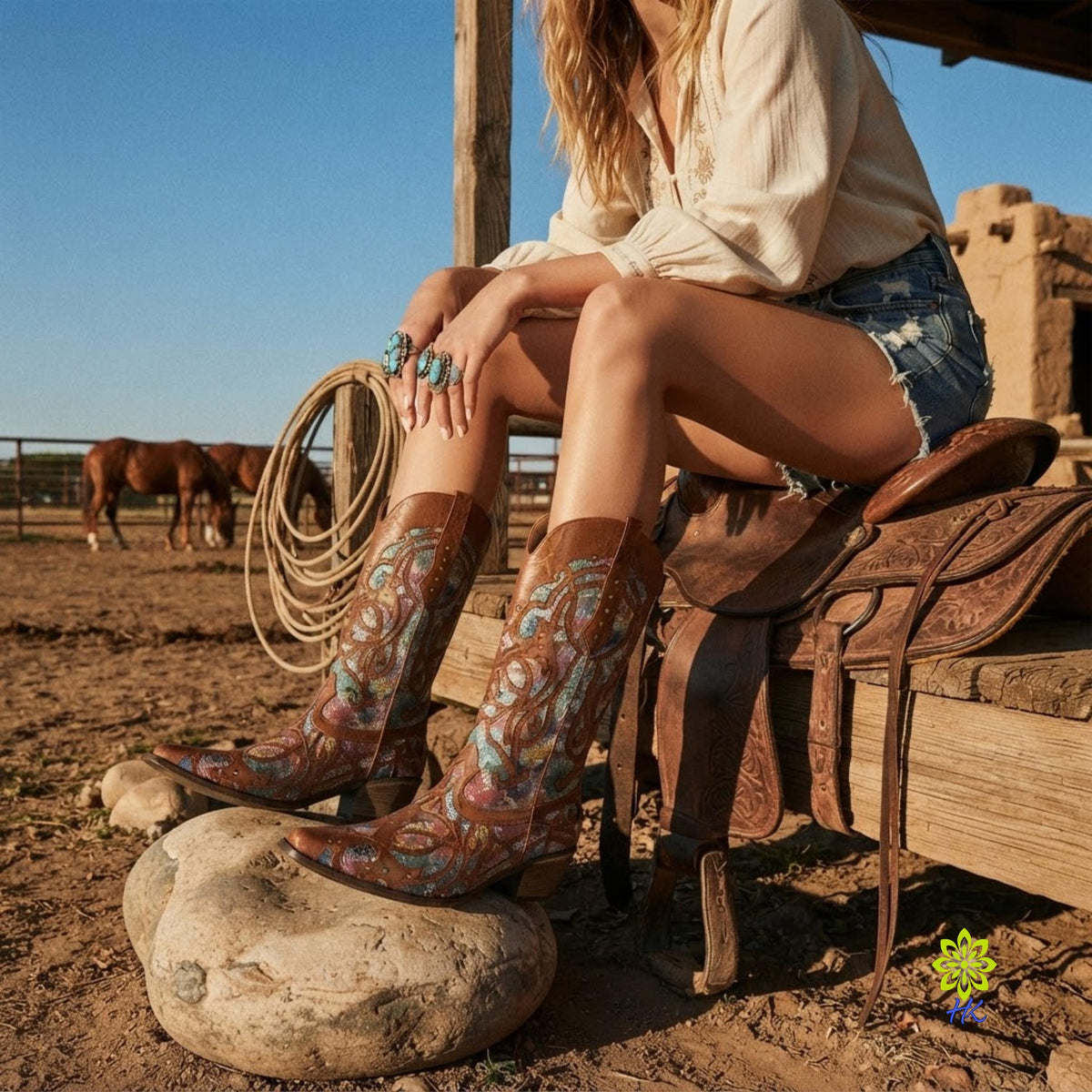 Model seated on a stone at a ranch corral beside a saddle and rope wearing the cowboy boots