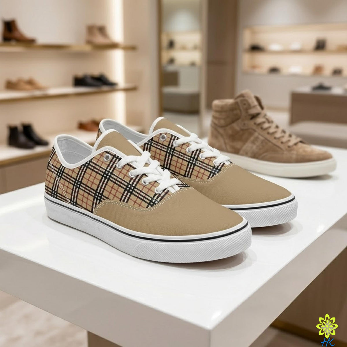 A pair of beige low-top sneakers with a tan and black plaid pattern on the sides, white laces, and white rubber soles, displayed on a white table inside a shoe store. A matching beige high-top sneaker is visible in the background.
