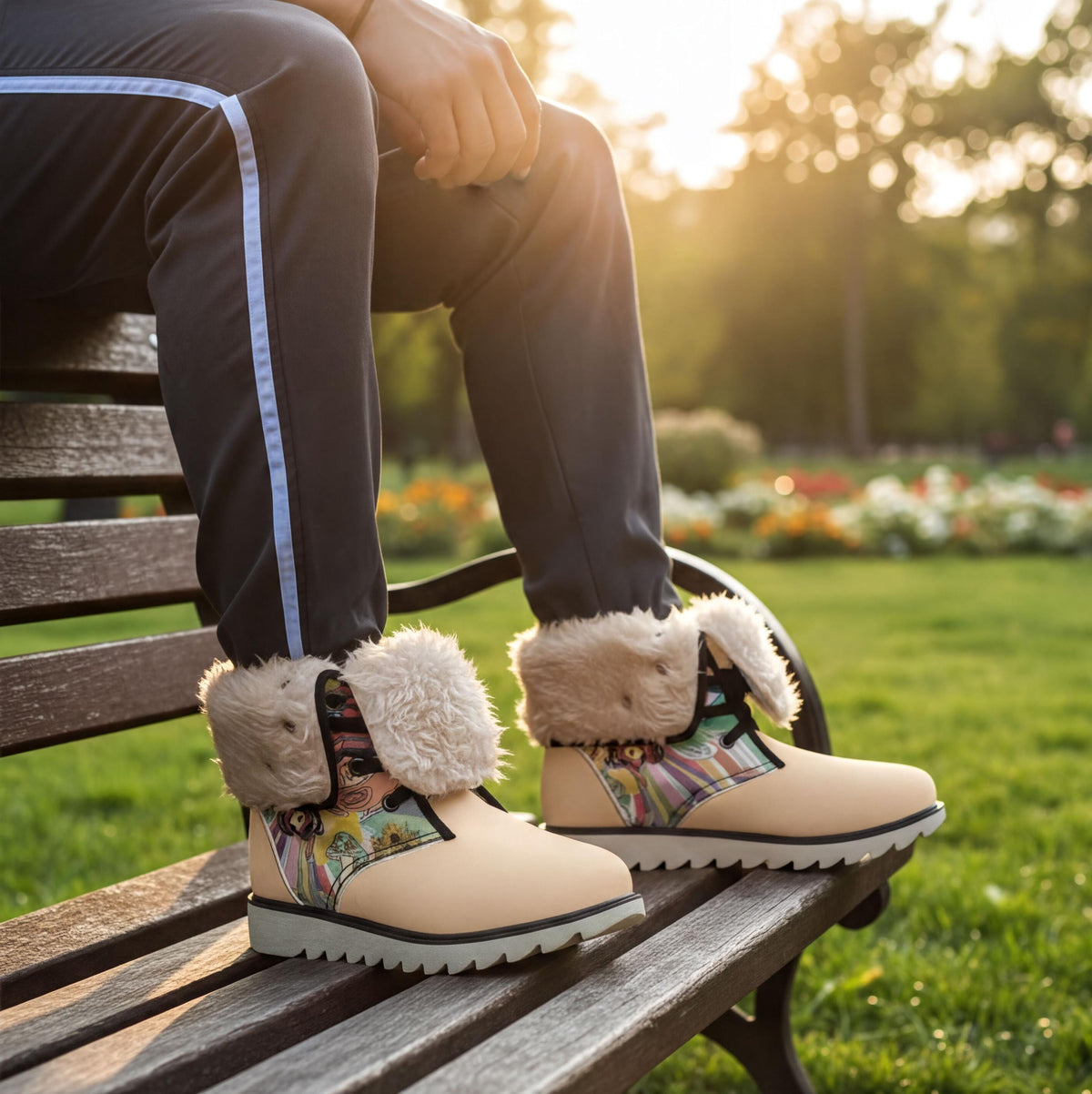 A person wearing tan boots with fur trim is sitting on a wooden bench in a park, with a colorful flower bed in the background.