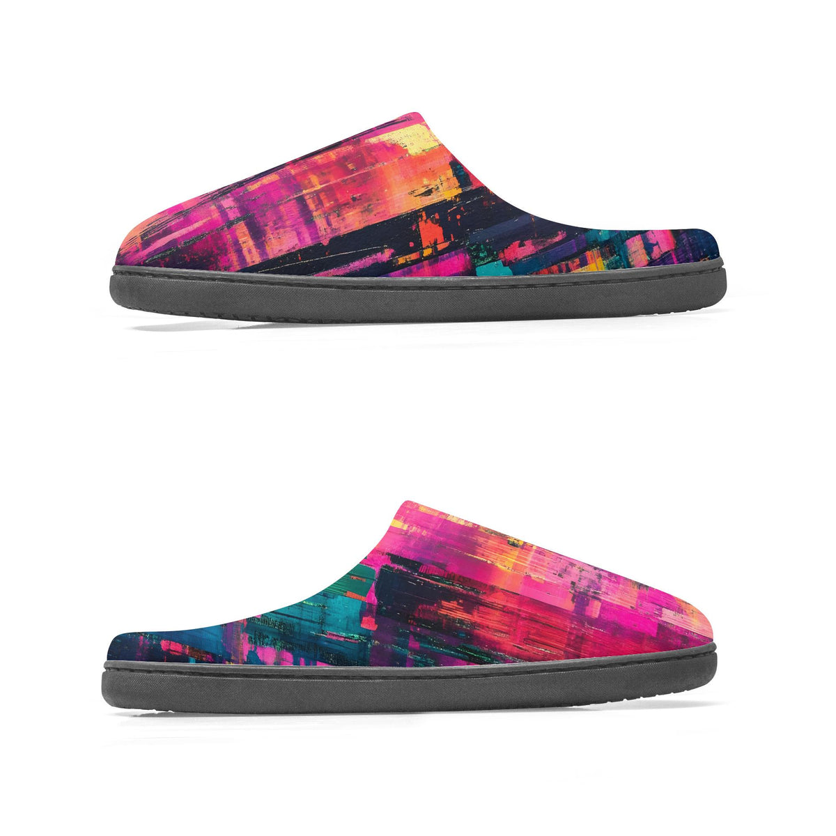 A pair of colorful, abstract slippers with a vibrant, graffiti-like pattern on the soles.