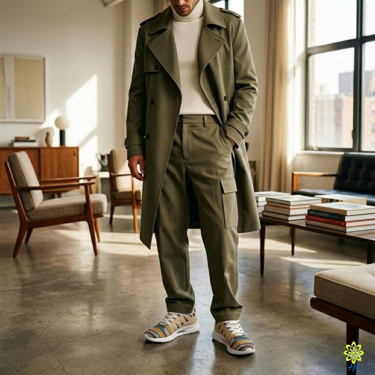 A man wearing a green coat and pants stands in a room with a wooden floor and a window.