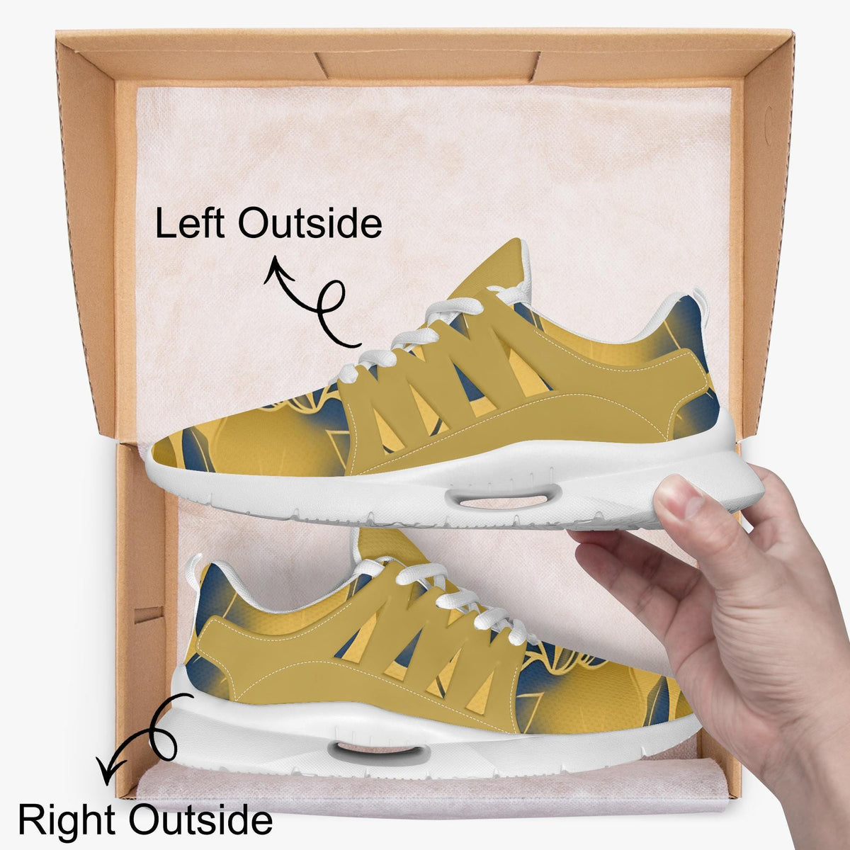 A hand is holding a pair of yellow and blue sneakers, with the left shoe positioned outside the box and the right shoe inside the box.