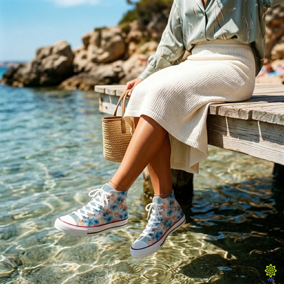Vrouw zittend op een steiger aan het water met aquarel bloemen high-top sneakers