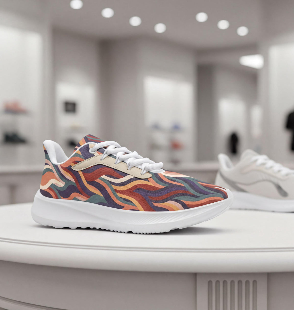 A colorful, patterned sneaker is displayed on a white surface, with other shoes visible in the background.
