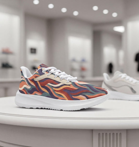 A colorful, patterned sneaker is displayed on a white surface, with other shoes visible in the background.