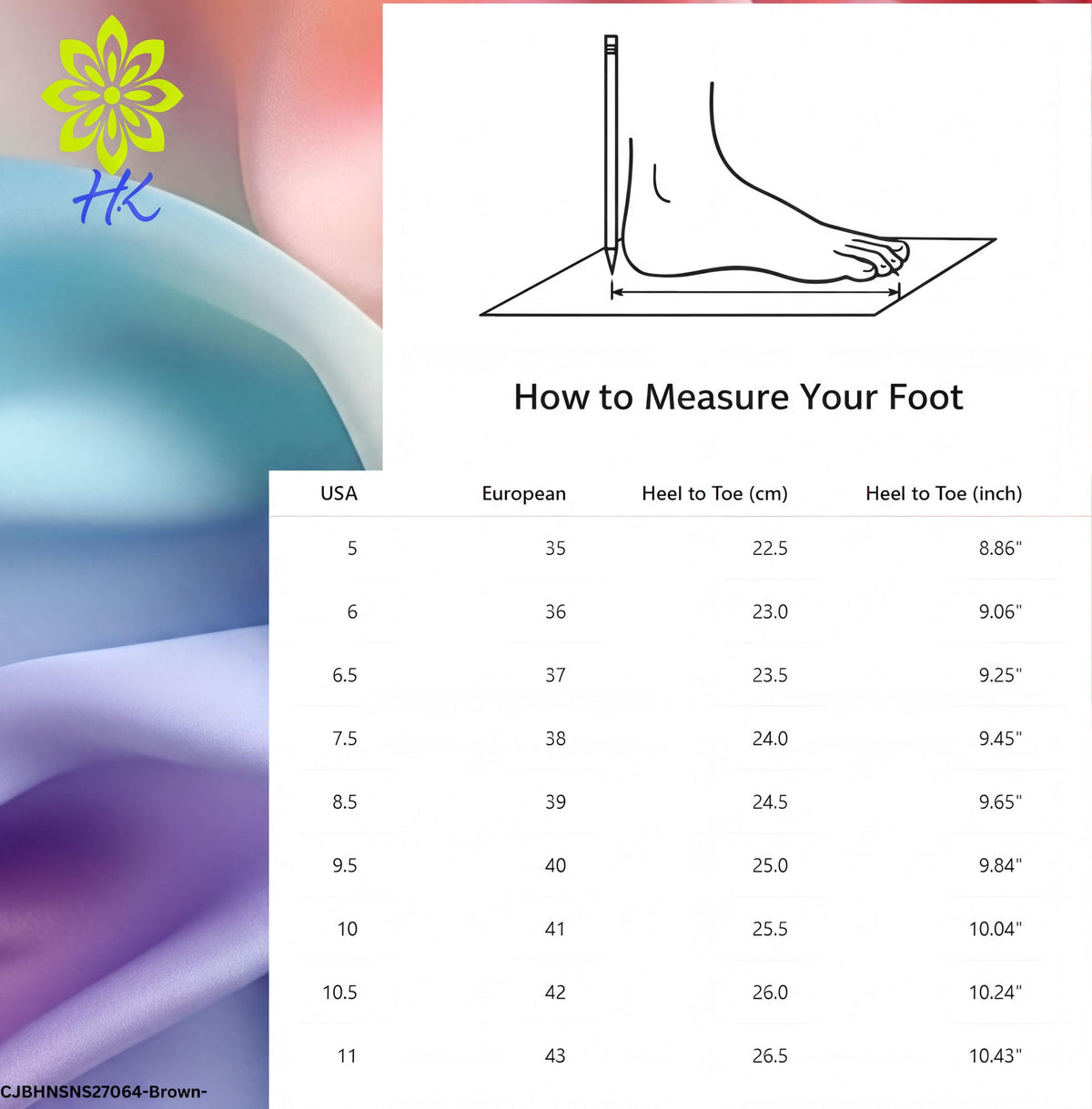 The image is a collage of various shoe sizes and measurements, including USA and European sizes, heel to toe (cm) and heel to toe (inch) measurements, and shoe widths.