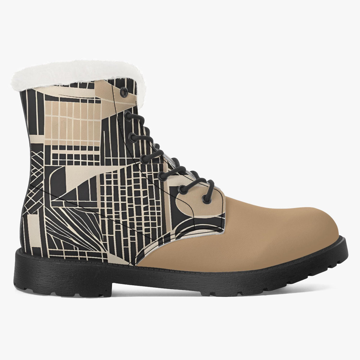 A pair of tan boots with a black geometric pattern on the side and a white fur lining.