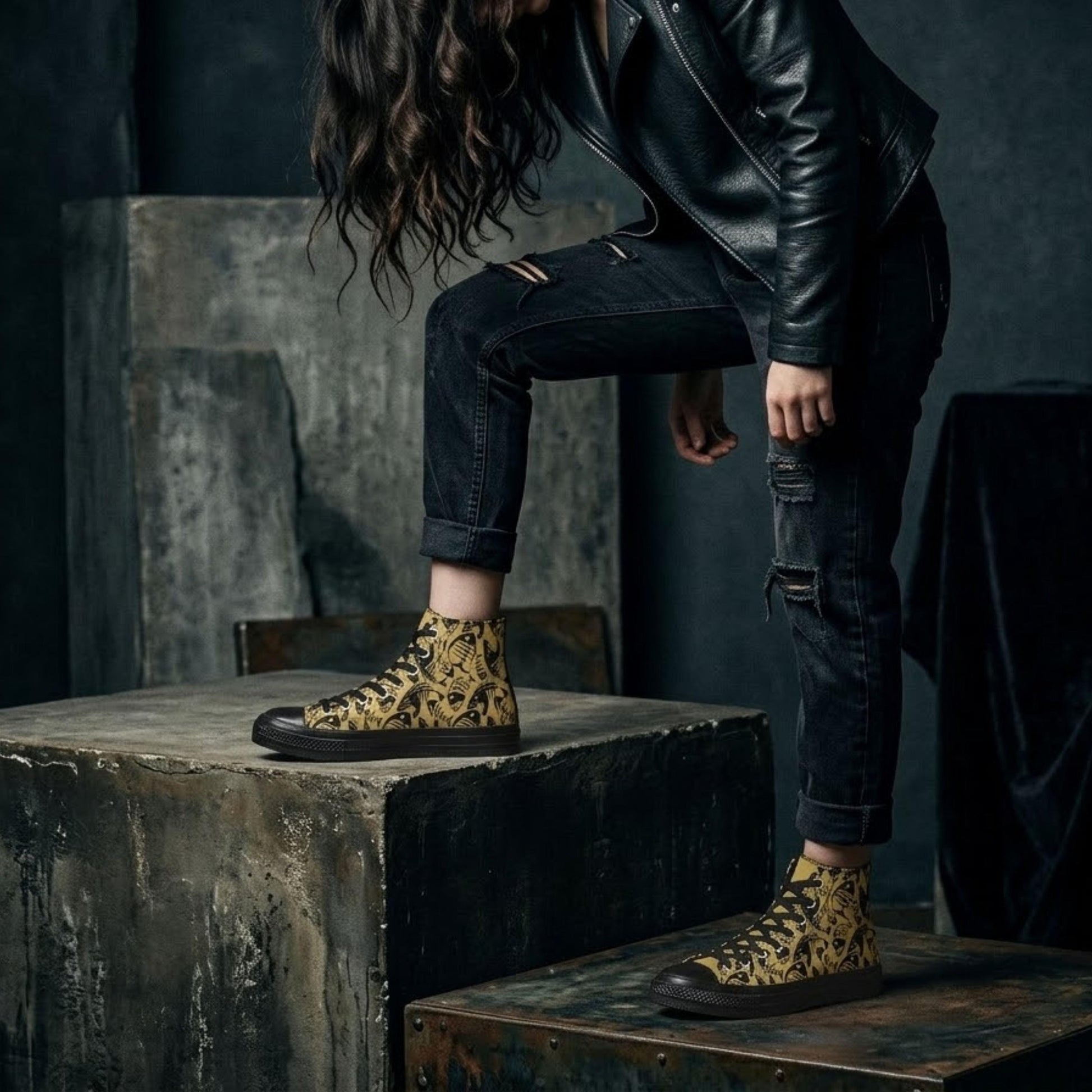 A person wearing a leather jacket and jeans is standing on a metal platform, with their long hair flowing down their back.