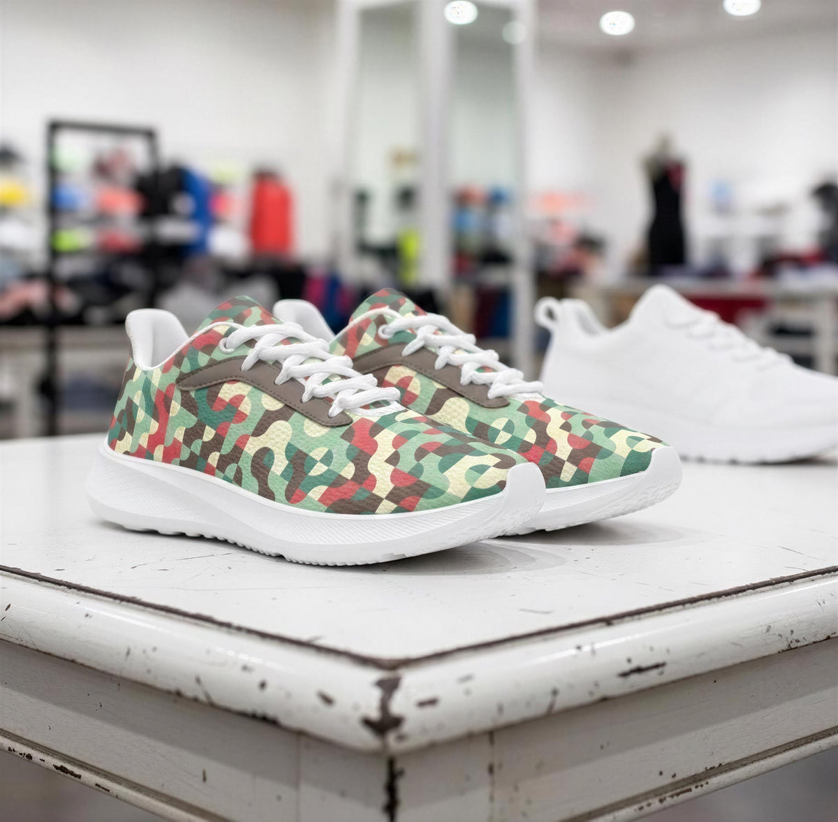 A pair of camouflage-patterned sneakers is displayed on a white table in a retail setting, with other clothing items visible in the background.