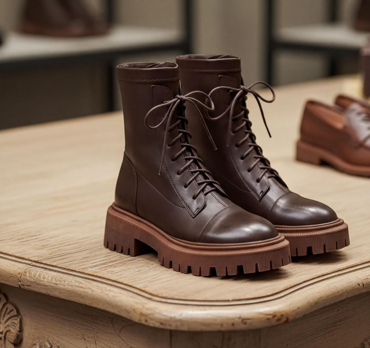 A pair of brown leather boots with thick soles and laces, displayed on a wooden surface.