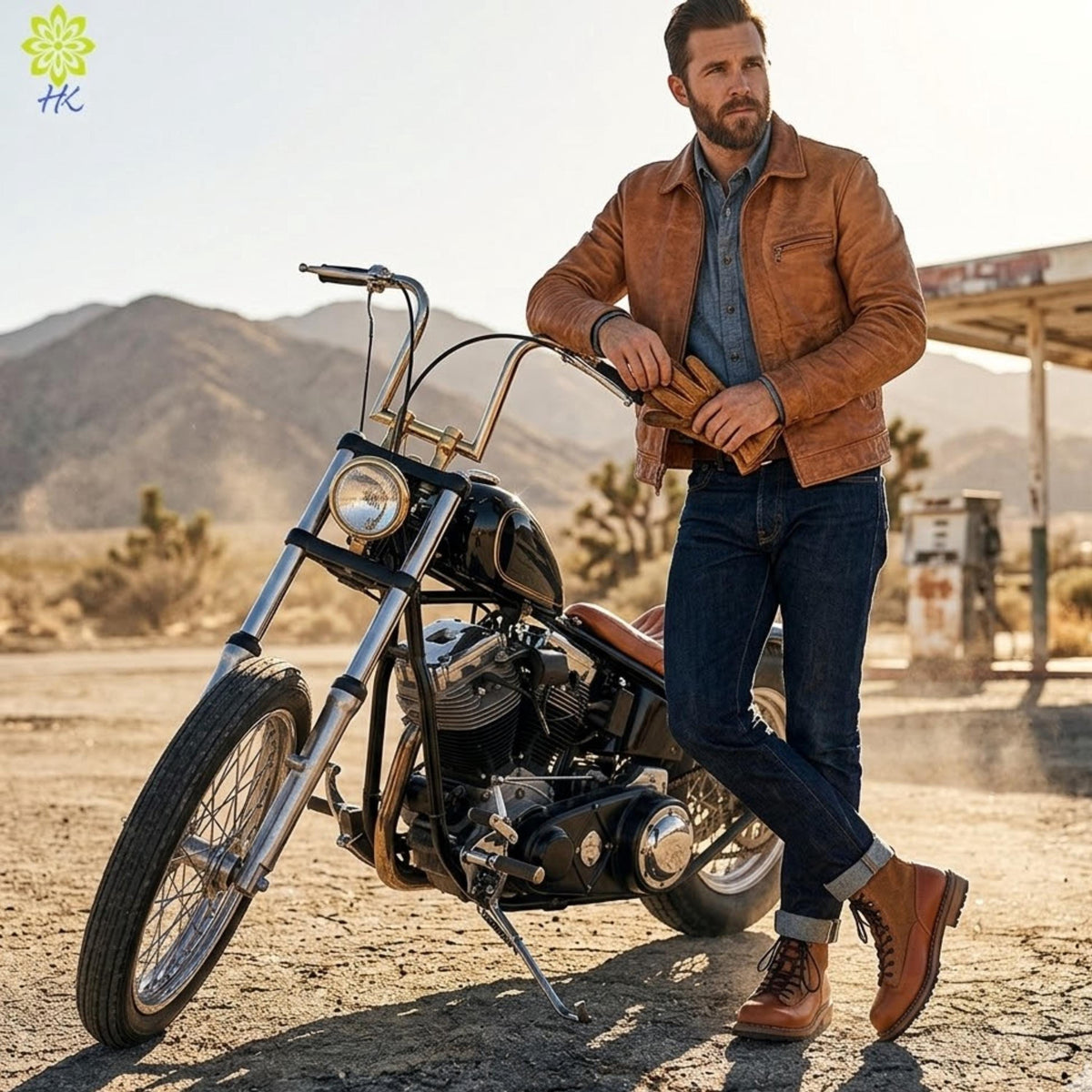 A man in a brown leather jacket stands next to a black motorcycle in a desert setting, with mountains in the background.