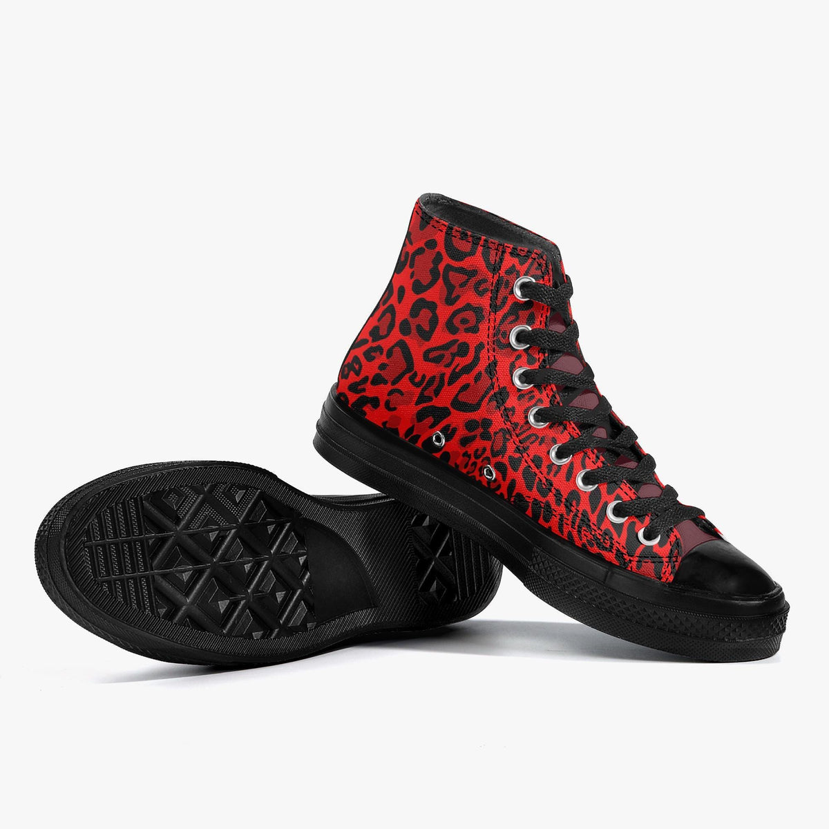 A pair of red and black high-top sneakers with a leopard print pattern.