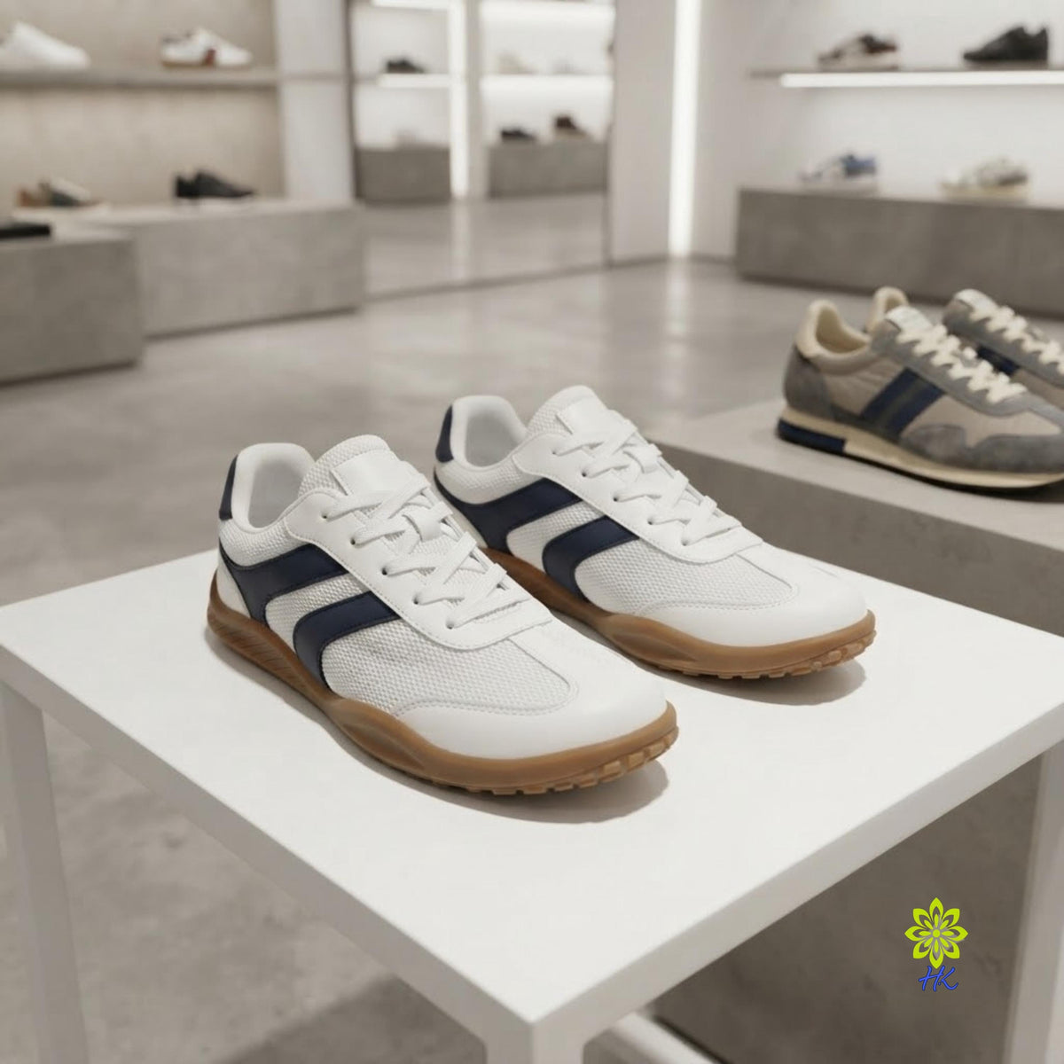 A pair of white low-top sneakers with navy blue side stripes and gum soles, displayed on a white table inside a shoe store. Other shoes are visible in the blurred background.