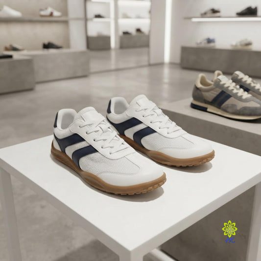 A pair of white low-top sneakers with navy blue side stripes and gum soles, displayed on a white table inside a shoe store. Other shoes are visible in the blurred background.