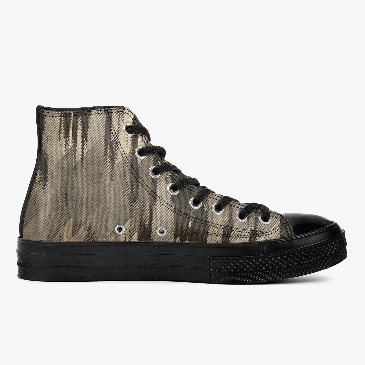 A pair of high-top sneakers with a camouflage print pattern on the side and a black rubber sole.