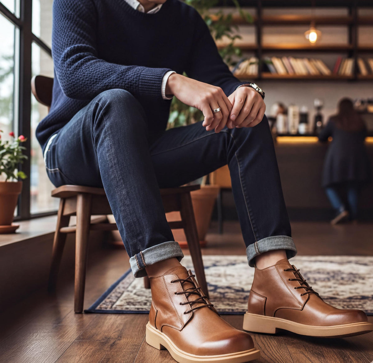 A man is sitting in a chair, wearing a blue sweater, jeans, and brown leather shoes, with a potted plant and bookshelf visible in the background.