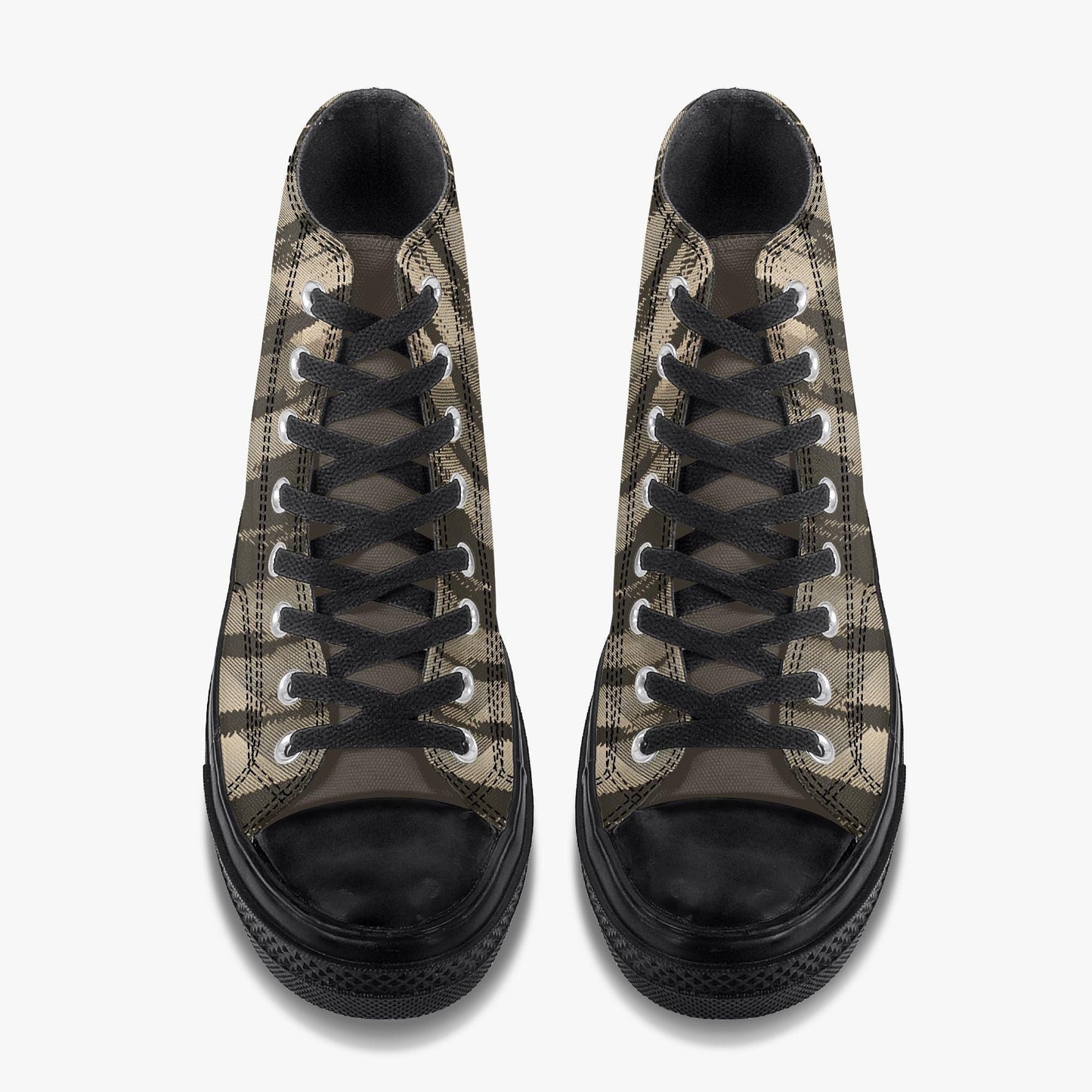 A pair of black and tan high-top sneakers with black laces and soles.