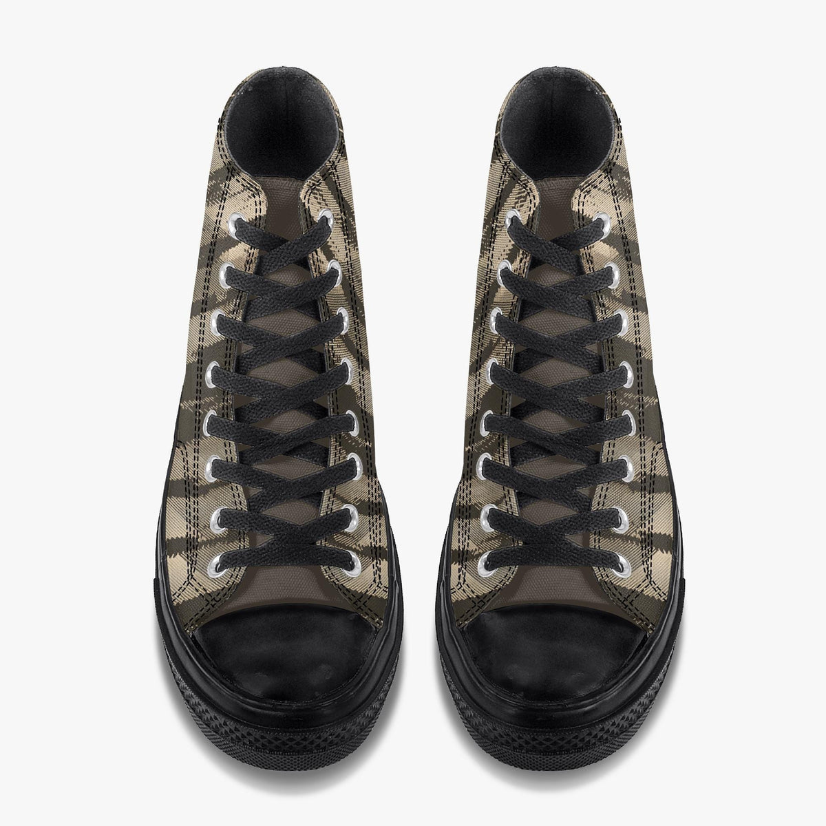 A pair of black and tan high-top sneakers with black laces and soles.