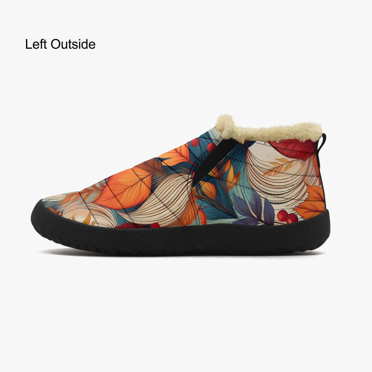 A colorful, patterned shoe with a fur lining, featuring a vibrant design of leaves and flowers.