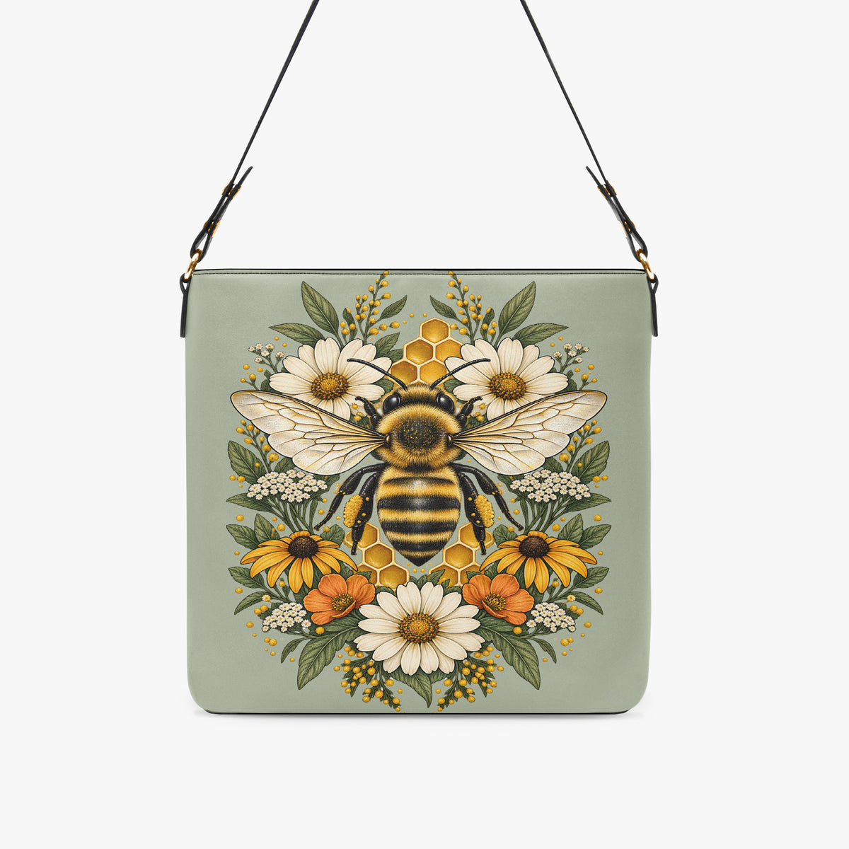Gros plan sur la poche intérieure zippée, la fermeture magnétique et la quincaillerie couleur or du sac abeille