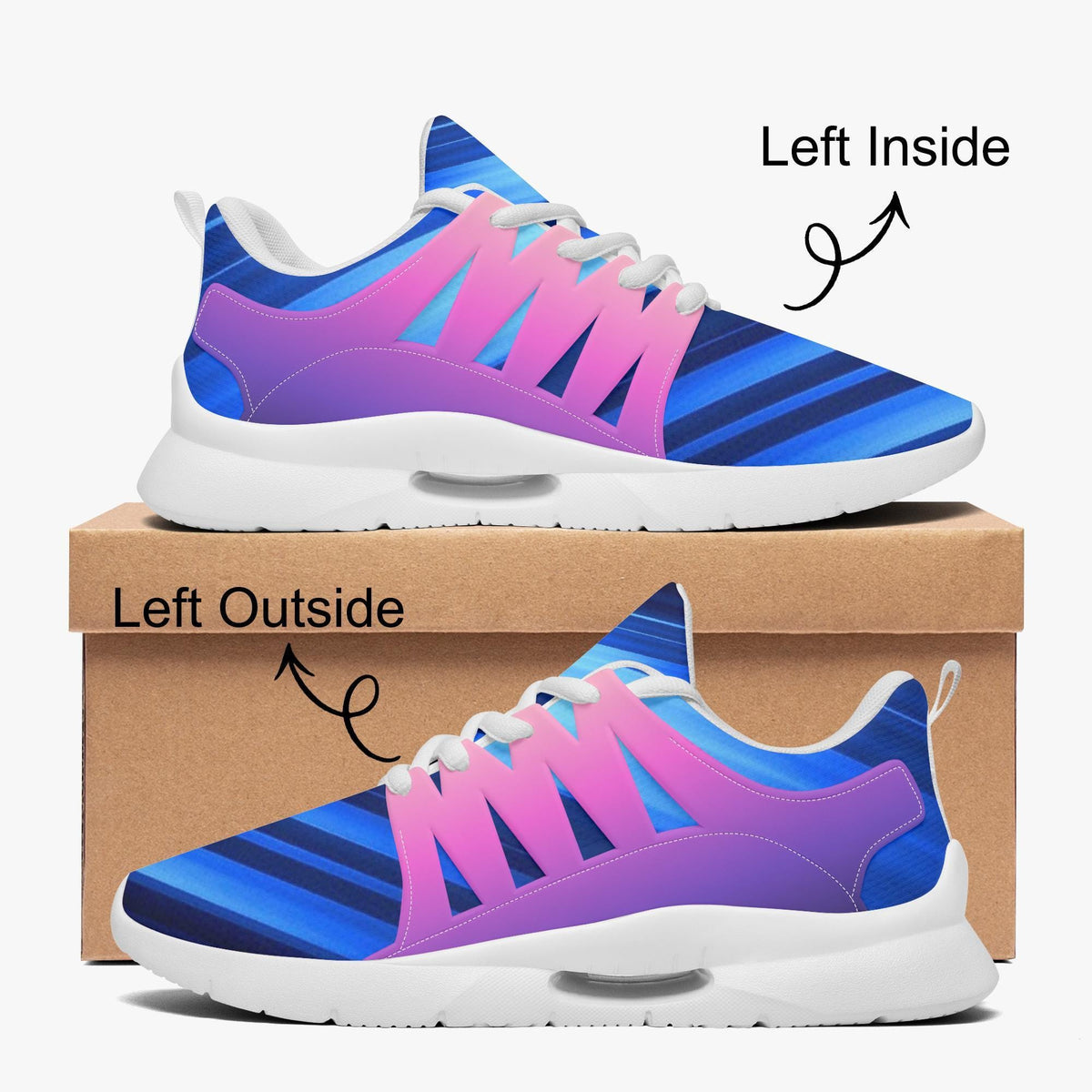 A pair of colorful running shoes with a pattern of blue and purple stripes.