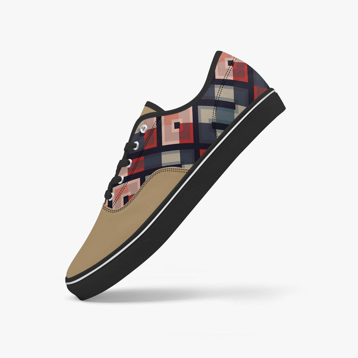 A close-up of a colorful, patterned shoe with a geometric design.