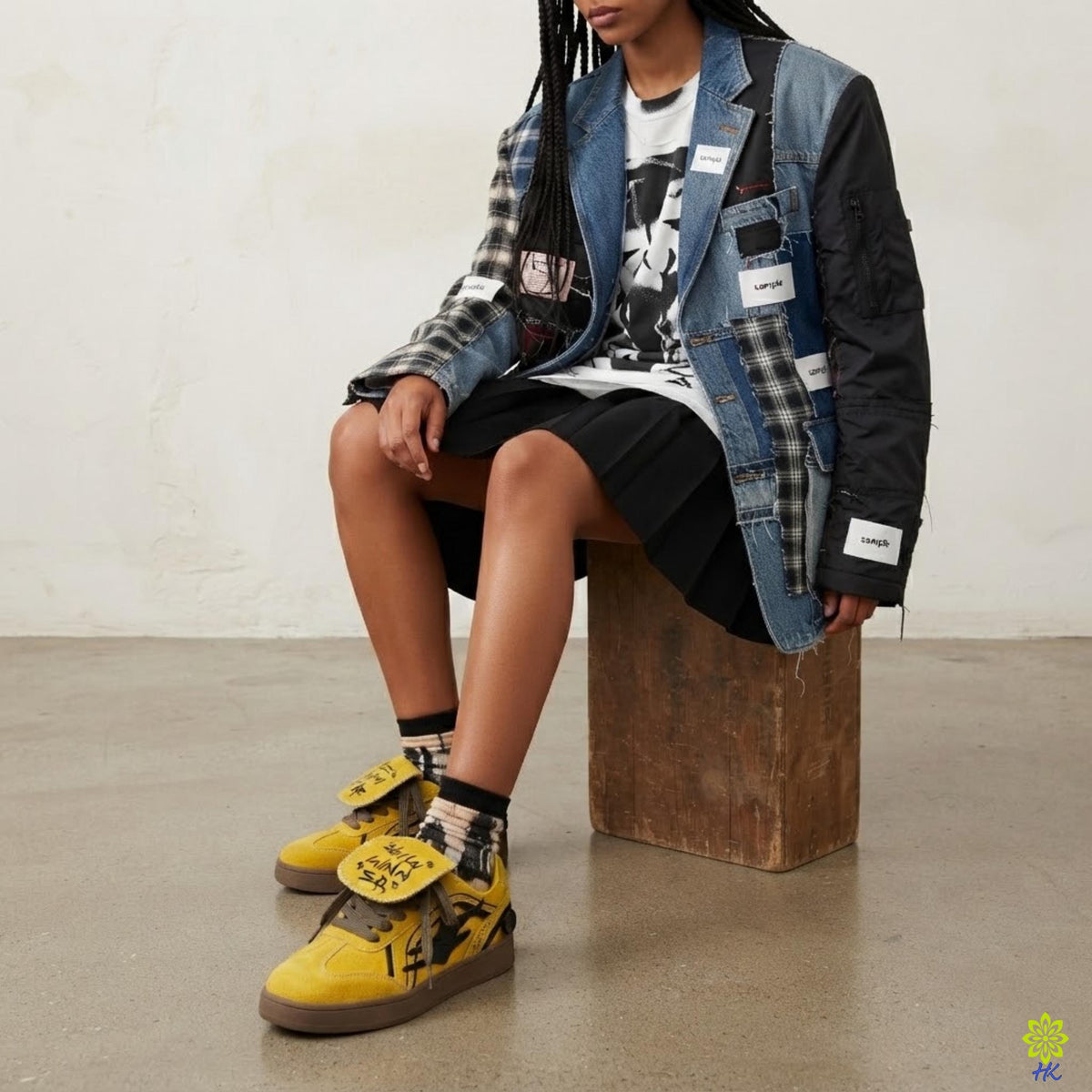 A person sitting on a wooden stool wearing a denim jacket, black skirt, and yellow sneakers with a black and yellow design.