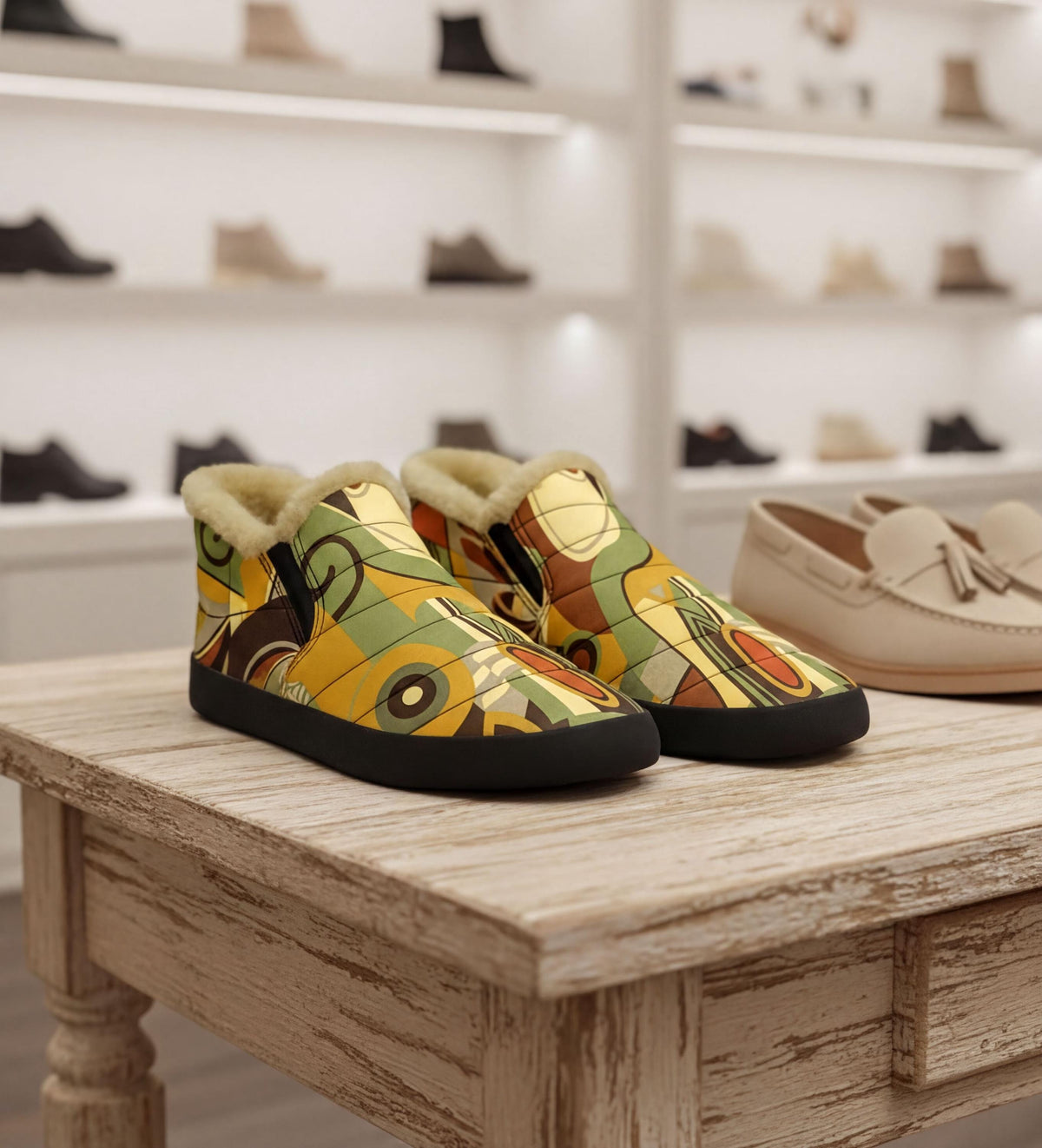 A pair of colorful, patterned shoes is displayed on a wooden table in a shoe store, with other shoes visible in the background.
