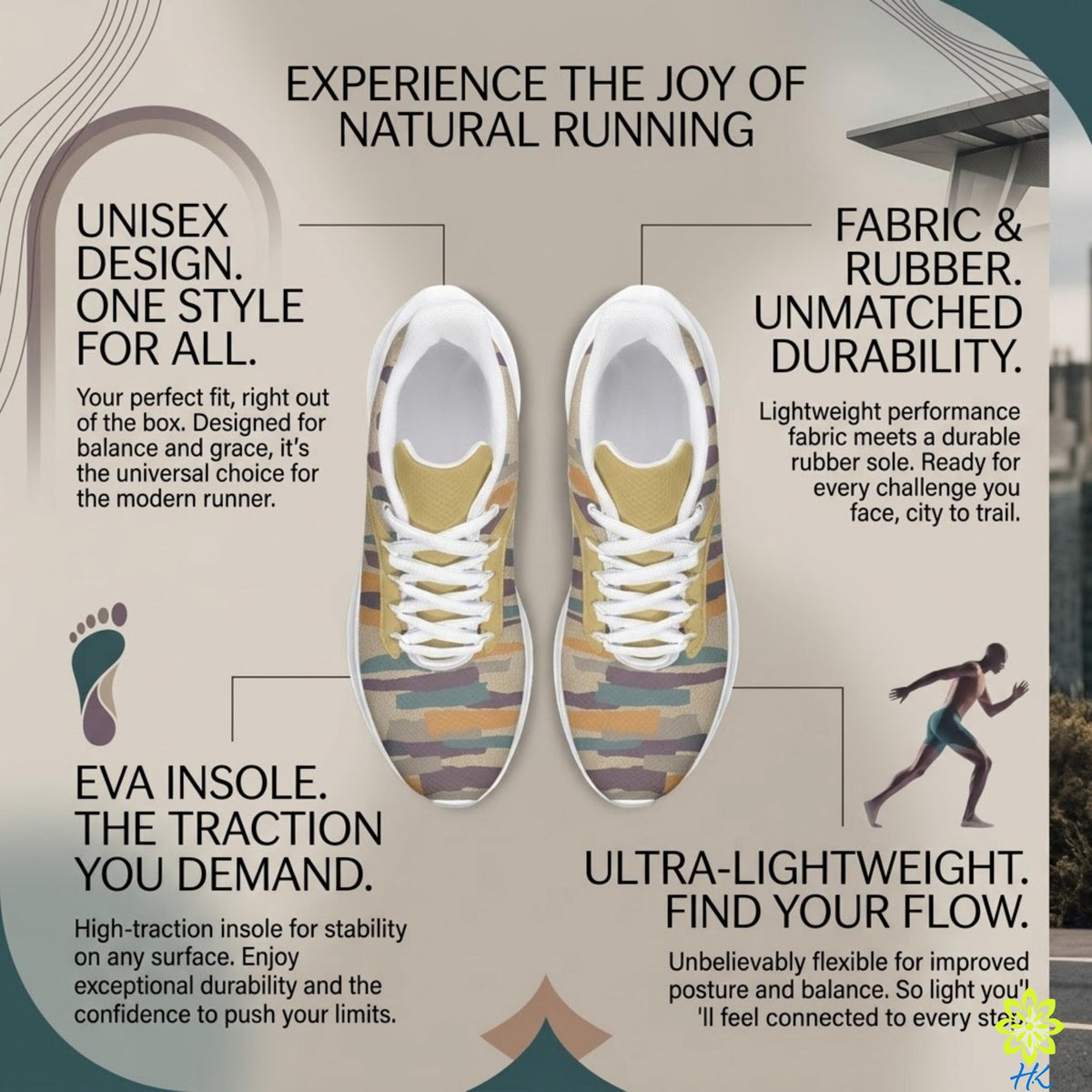The image is an advertisement for a pair of running shoes, highlighting their unique features such as the unisex design, the fabric and rubber material, theEVA sole, and the Ultra-Lightweight design.