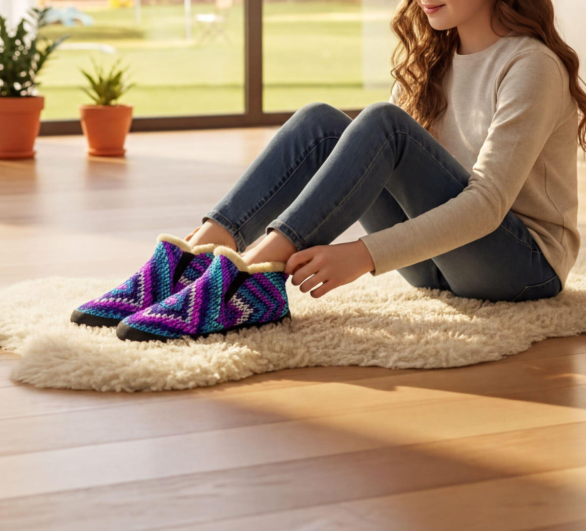 A young woman sits on a white shag rug, adjusting her colorful, patterned slippers.