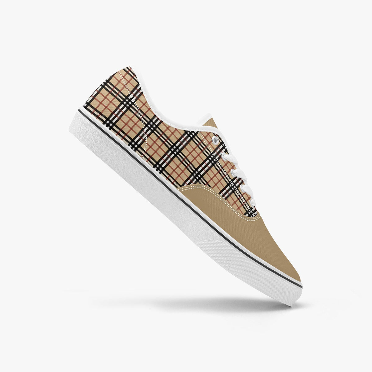 A sneaker with a plaid pattern on the side and a white sole.