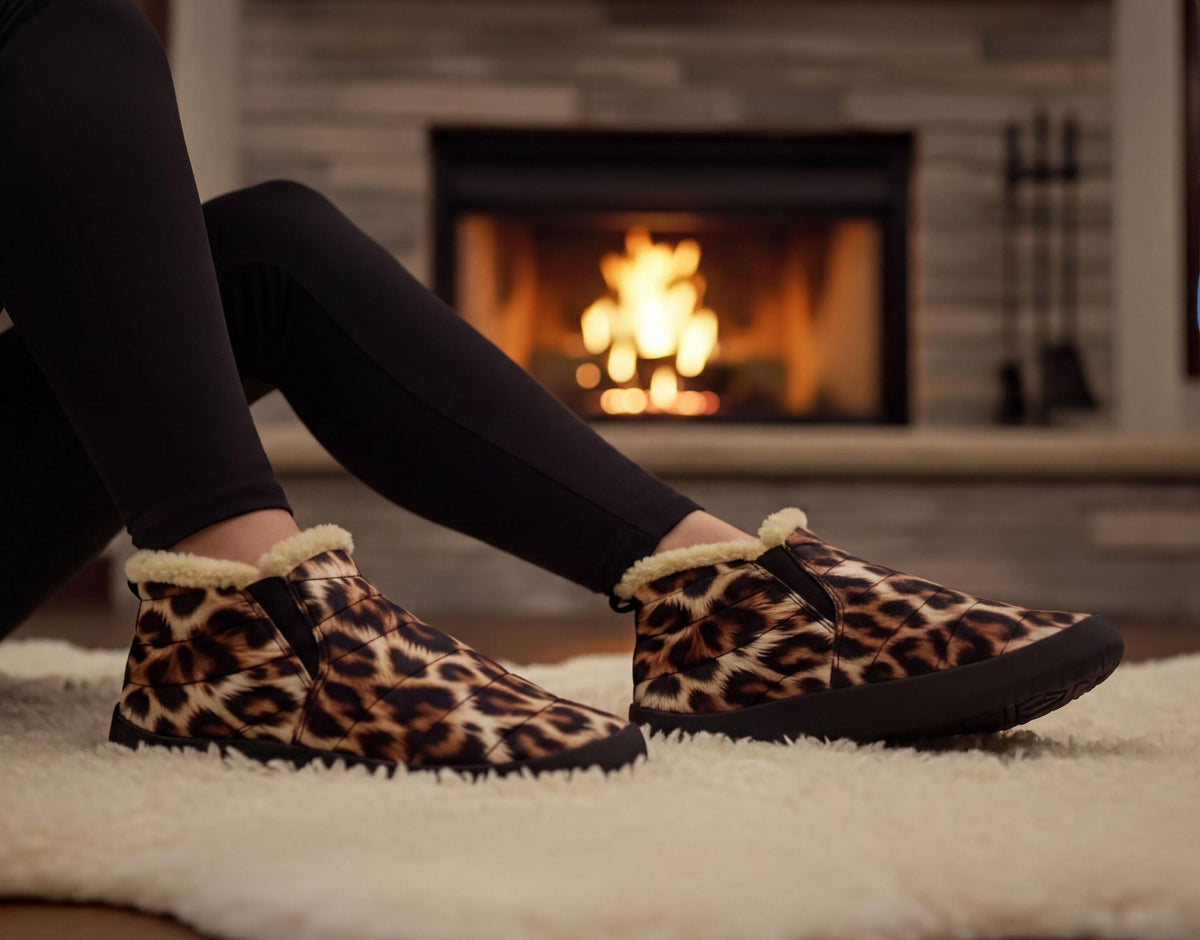 A person's legs wearing leopard print boots are sitting in front of a fireplace with a warm fire burning.