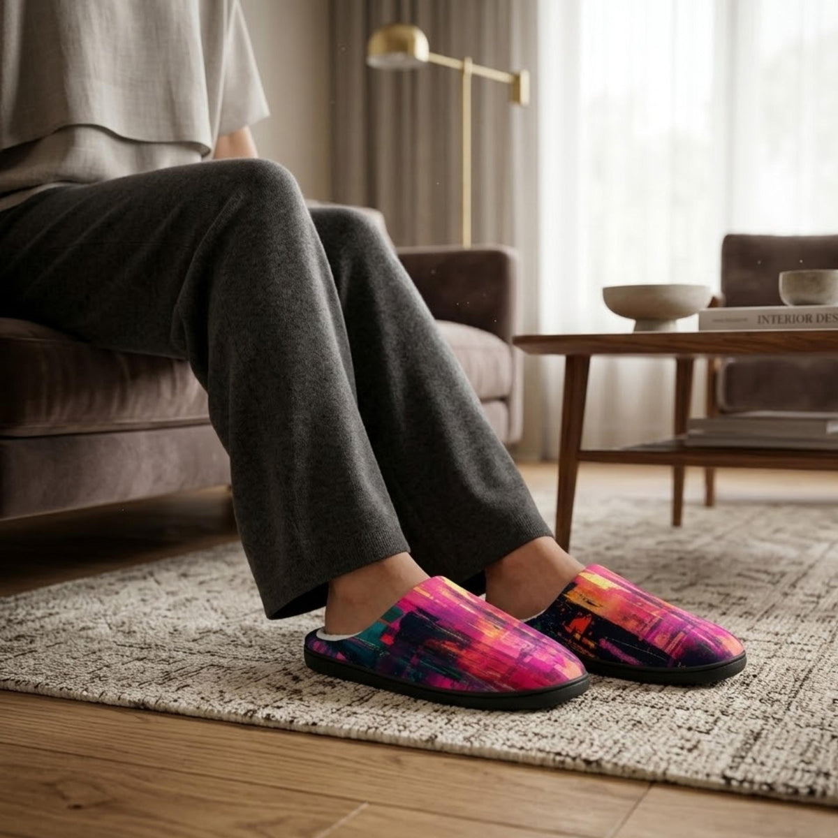 A person is sitting on a couch in a living room, wearing colorful slippers.