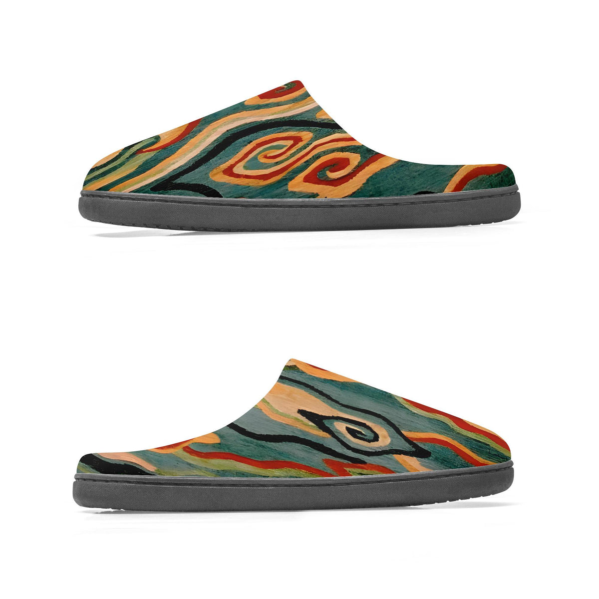 a pair of colorful, patterned slippers with a vibrant design.
