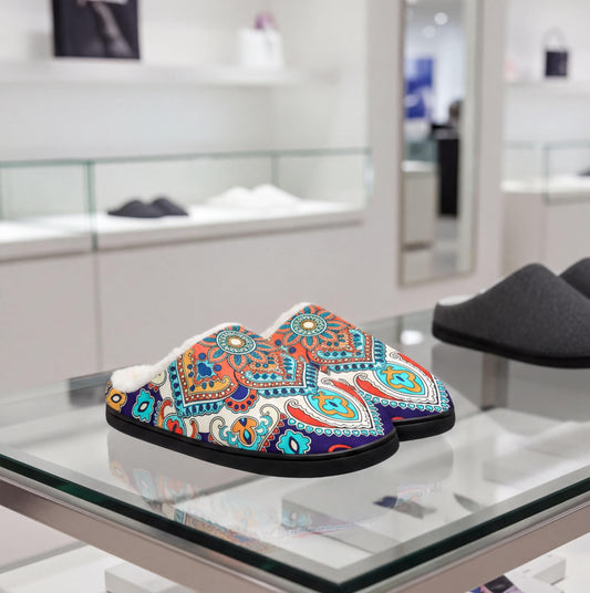A pair of colorful, patterned slippers is displayed on a glass table in a store, with other shoes visible in the background.